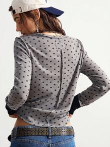 Bohemela 休闲波点图案长袖圆领女式T恤 - 灰色 - 查看 8