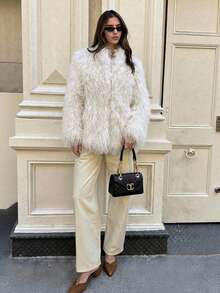 SHEIN Glamour Áo khoác len lông cừu dài tay rộng rãi thời trang cho nữ, màu trơn, mùa thu/đông - Kem - Xem 3