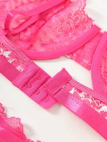 SHEIN Floral Lace Underwire Bra & Panty Lingerie Set - Hot Pink - View 3