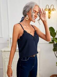 SHEIN Frenchy Women's Contrast Lace Loose Camisole Summer - Navy Blue - View 3