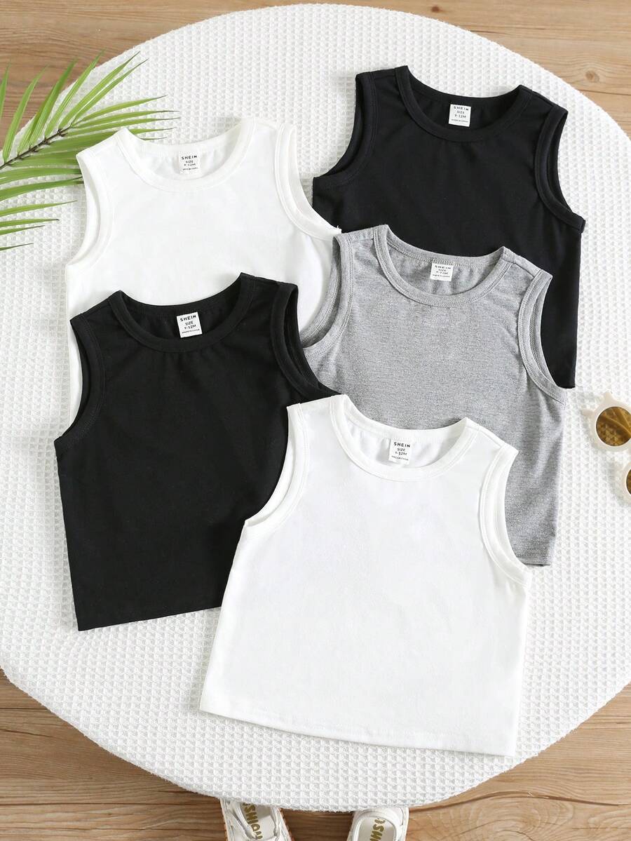 SHEIN 5件套男女宝宝休闲纯色基础款无袖背心T恤针织衫套装，春夏男宝宝服装 - 彩色 - 查看 1