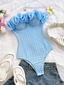 Soleia 夸张荷叶边无肩带女士连体衣，适合派对、假日、约会、下午茶、度假、音乐节、海滩、夏季穿搭、波西米亚风、休闲度假、钩针编织、亚麻材质 - 藍色 - 查看 4