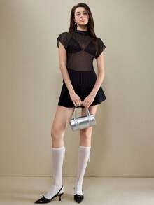 女士优雅短款上衣，波点印花立领蝙蝠袖T恤，夏季毕业季休闲装 - 彩色 - 查看 3