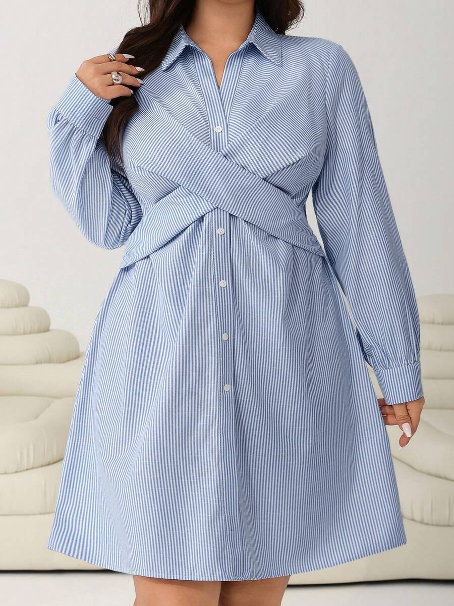 Solflare 大码女式条纹交叉设计衬衫裙，秋冬款
