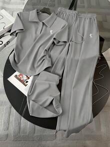 Resyla 刺绣时尚简约Polo领T恤+裤子套装，送朋友的礼物 - 灰色 - 查看 3