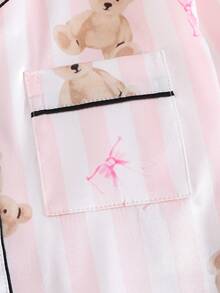 Girls Cute Pink Striped Bear & Bow Print Soft Flannel Long Sleeve Cardigan And Pants 2 Pieces Pajama Set - Multicolor - View 4