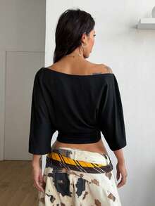 Coolane Women's Spring/Summer Streetwear Chic Basic Minimalist Casual Festival Comfortable Black Loose Asymmetrical Neck Crop T-Shirt - Black - View 6