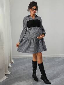 SHEIN Maternity Long Sleeve Plaid Patchwork Casual Ruffle Hem Dress