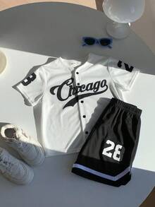 2 件装 小男孩 男孩休闲运动学院街头可爱度假字母图案开衫棒球夹克风格衬衫和短裤套装 适合儿童服装 幼儿男孩服装 返校男孩套装 适合生日派对、晚会、表演、婚礼、洗礼、开幕式 适合日常使用 适合上学 适合旅行 适合运动 适合春夏季节