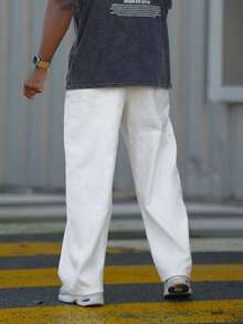 Heavens Edit 1pc Washed Minimalist American Style Commuter Jeans, Men's Niche Casual Loose Wide Leg Pants (No Belt Or Accessories) - White - View 5