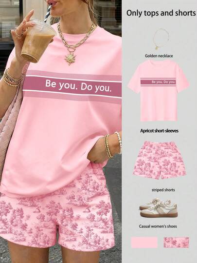 EMERY ROSE 2pcs Women Casual Loose Fit Short Sleeve Top And Shorts Set