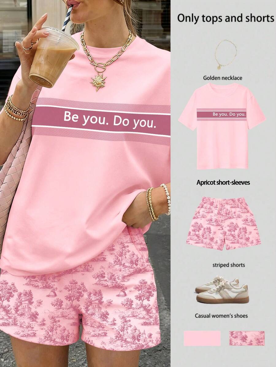 EMERY ROSE 女士休闲宽松短袖上衣和短裤两件套 - 粉色 - 查看 1