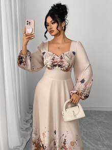 Modelyn Plus Size Elegant Floral Print Dress - Apricot - View 3