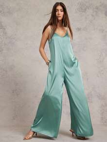 L'Amorae Bộ đồ liền thân không tay bằng vải satin ống rộng bồng bềnh - Màu xanh Bạc hà - Xem 4