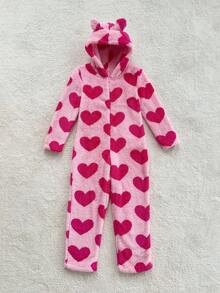 Snug Zone 女童爱心印花法兰绒舒适长袖连帽连体衣 - 粉色 - 查看 4
