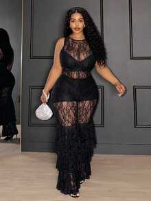 Slaydiva 优雅性感/浪漫黑色大码女式蕾丝网纱拼接荷叶边修身连体裤，适合节日、新年、情人节穿着。 - 黑色 - 查看 2