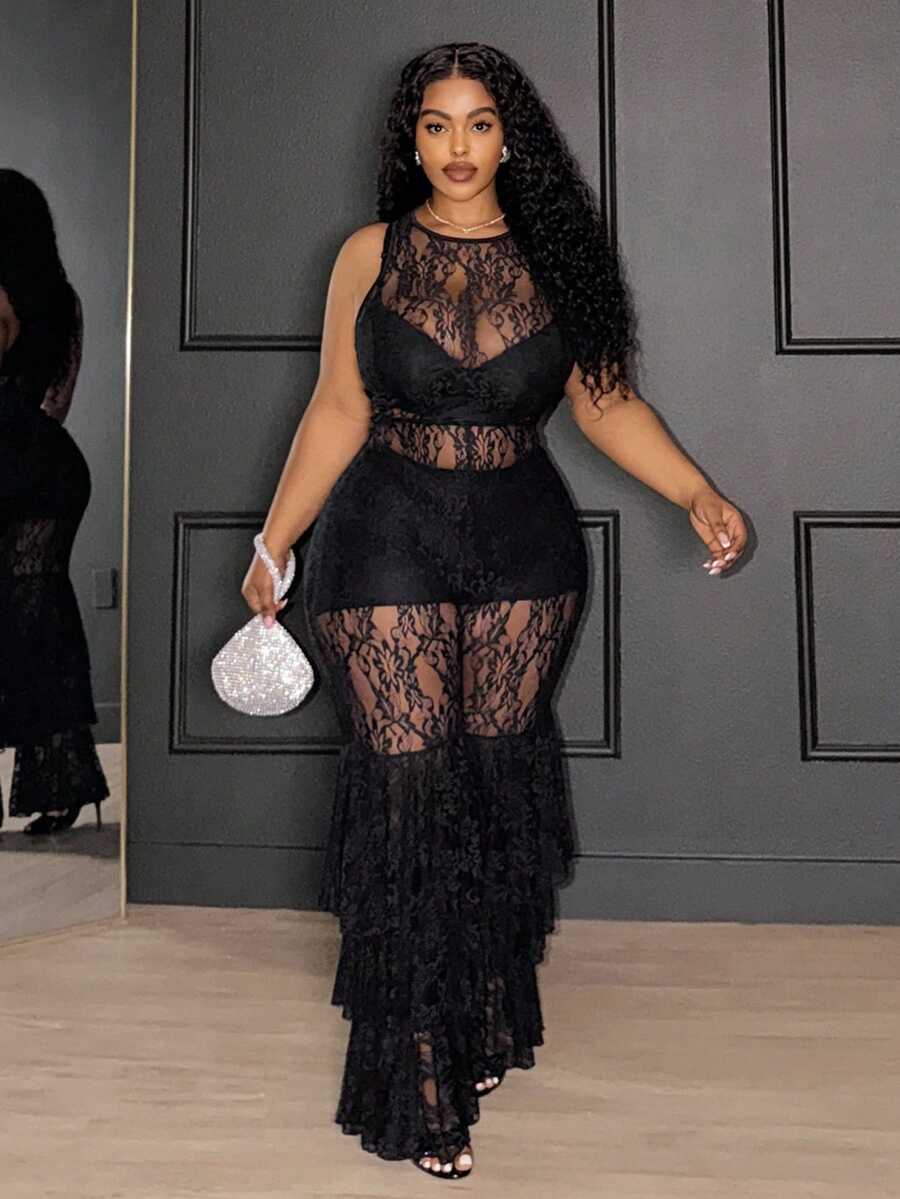 Slaydiva 优雅性感/浪漫黑色大码女式蕾丝网纱拼接荷叶边修身连体裤，适合节日、新年、情人节穿着。