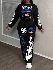 Slaydiva Plus Size Women Letter & Flame Print Round Neck Drop Shoulder Long Sleeve Sweatshirt And Sweatpants Casual 2 Piece Set - Multicolor - View 7