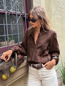 Serisse Women's Casual   100% Cotton Brown  Shirt With Embroidery, Frill Trim And Single-Breasted Button Closure,Brown ,Elegant Women's Blouses Brown Blouse Eyelet Blouse Spring - Coffee Brown - View 7