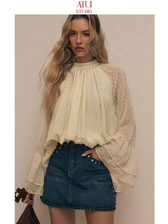 ATUI Studio Ruffled Wide Sleeve Lace Blouse, Elegant Vintage Romantic Embroidered Details, Ruffled Wide Sleeve Polka Dot Long Sleeve Shirt, Women's Autumn/Winter Wear, Autumn Tops, Women's Business Casual Outfit, Wedding Guest Dress,Elegant Blouses For Women