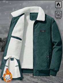 Manfinity Homme 男士休闲日常通勤时尚街头灯芯绒内衬保暖宽松长袖外套，秋冬街头风，复古富豪风，日常休闲，周末旅行，户外活动，探险旅行，轻松工作环境或半正式场合，男友/老公礼物，周年纪念日/圣诞节礼物 - 墨綠色 - 查看 3