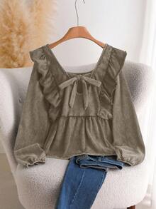 CosyJoli Plus Size Casual Lantern Sleeve Square Neck Ruffle Trim T-Shirt, Long Sleeve Versatile Everyday Wear Winter For Women - Brown - View 8