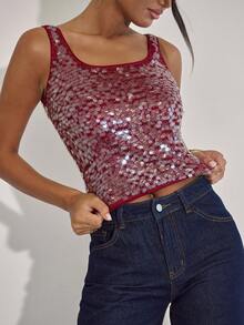 SHEIN BAE Women's New Year's Party Rave Party Sequined Square Neck Top / Party Top / Club / Evening Top / Red Top/Sequin Top/Glitter Top/New Year/Women's New Year's Eve Top,Tank Top - Burgundy - View 5