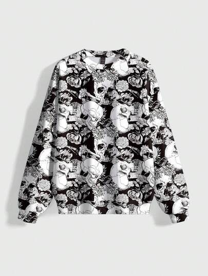 Goth Sudadera con capucha de talla grande con estampado gótico misterioso de esqueleto, hojas, flores y rosas de San Valentín