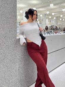 NegzBox Y2K Grunge 露肩不对称下摆 T 恤 - 淺灰色 - 查看 1