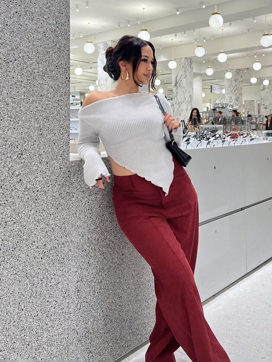 NegzBox Y2K Grunge 露肩不对称下摆 T 恤 - 淺灰色 - 查看 1