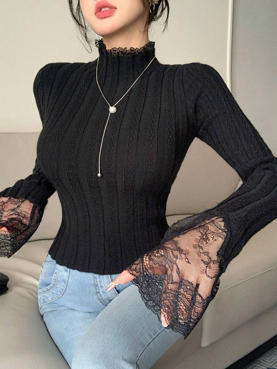 DAZY Women's Lace Trim Mock Neck Fitted Sweater, Stylish Layering Top For Autumn/Winter - Black - View 1