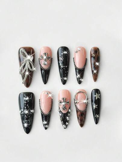 Anime 10pcs Cute Bowknot Music Note Star Element High Quality Handmade False Nails + 3pcs Double-Sided Adhesive, Y2K French Style Rhinestone Chain Polka Dot Removable Nail Art Stickers, Suitable For Holidays, Parties, Dancing And Daily Wear