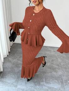 Elenzga 大码女装两件套，高弹针织宽条纹纹理面料，收腰设计，喇叭袖，鱼尾裙摆，优雅适合外出、下午茶、通勤等场合，时尚舒适，大码，深灰色，秋冬长袖连衣裙两件套 - 摩卡棕 - 查看 3