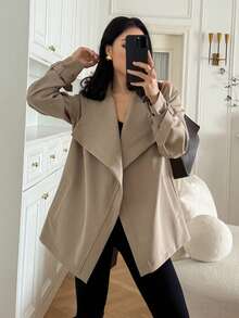 DAZY 女士休闲纯色系带翻领风衣，秋冬款 - 杏色 - 查看 9