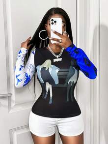 Zolique Women's Black Autumn Slim Fit T-Shirt,Cartoon Patterned Long Sleeved Round Neck Top,Casual Streetwear Everyday Wear,Y2K,Gothic Style Contrast Design - Black - View 4