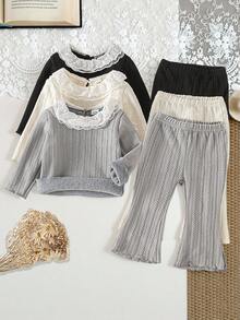 SHEIN 3条装女婴时尚简约针织喇叭裤，米色、灰色、黑色，多色套装，适合春秋季日常穿着、户外活动，婴儿喇叭裤和幼儿打底裤。 - 彩色 - 查看 1