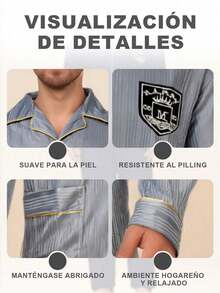 COTOLO Conjunto de Pijama Hombre Gris de Seda Suave, Manga Larga con Bordes Dorados, Diseño Elegante con Escudo, Cálido y Confortable, Regalo de Navidad - Gris - Ver 6