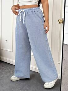 CovetEZ Pantaloni con coulisse a stampa a righe per donne taglie forti - Blu e Bianco - Visualizzare 7