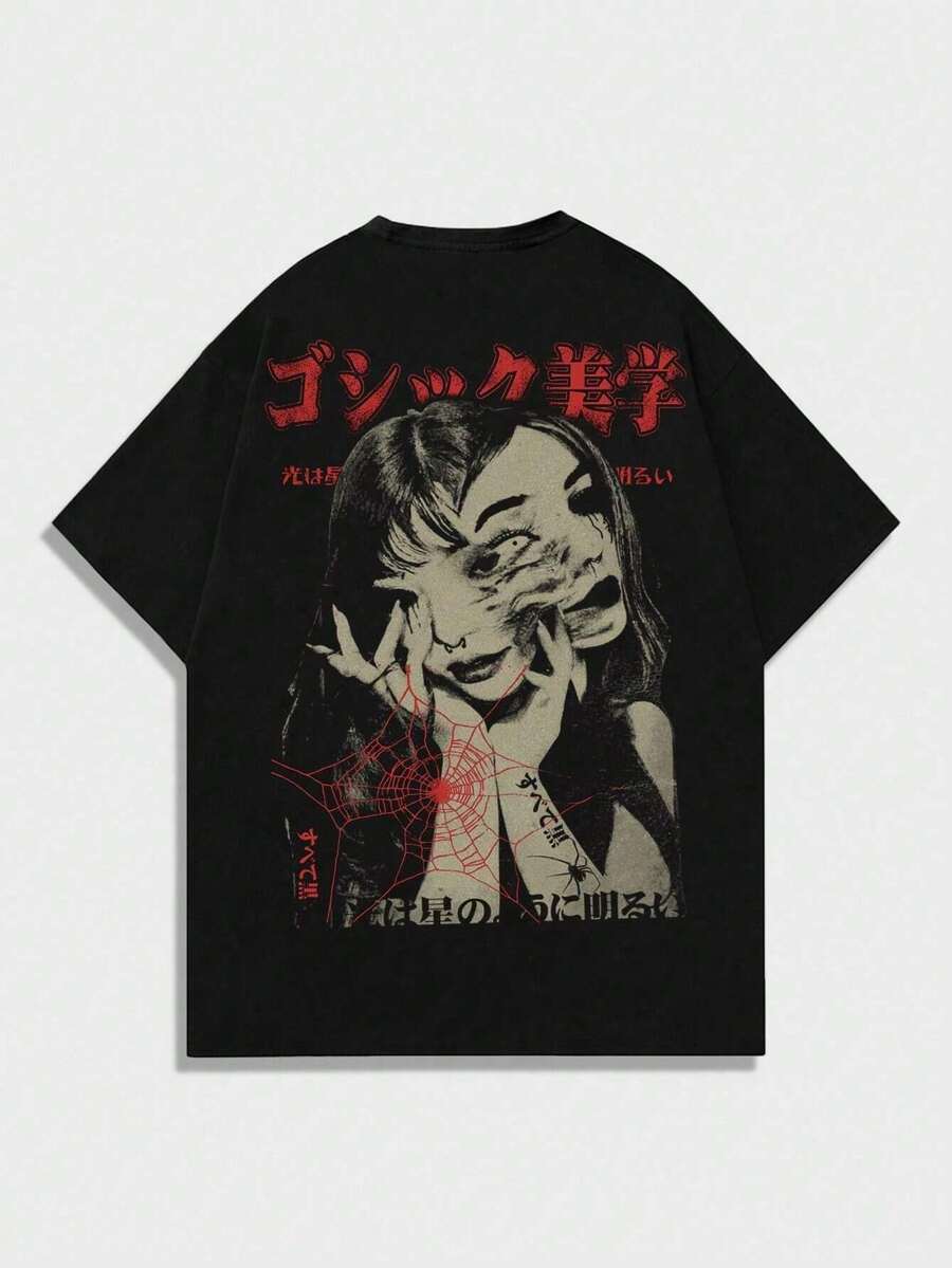 Camiseta de manga corta para mujer con estampado de anime, adecuada para uso diario en primavera y verano. - Negro - Ver 1