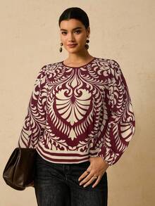 Travachic 大码女式印花宽松长袖衬衫，休闲秋季图案上衣 - 酒紅色 - 查看 1