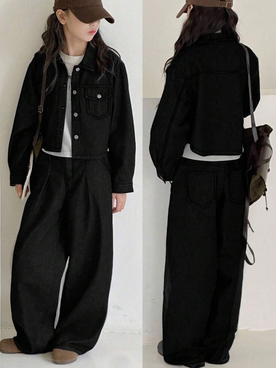 2pcs Tween GirlsNavy Blue Denim Lapel Long Sleeve Loose Pants Set - Black - View 1