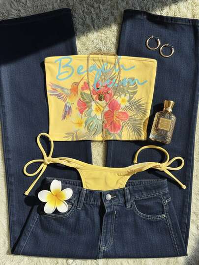 Glimmora 女士休闲花卉字母印花抹胸上衣，无肩带设计，适合夏季海滩、音乐节等场合。