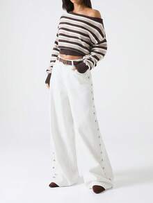 LYSMO 2025 New Minimalist Winter For Women's Casual Striped Asymmetric Shoulder Cropped Long Sleeve Sweater , Christmas Jumper New Year Thanksgiving For Women Graduation Season Stylish Collection Y2K, Sweaters For Women - Multicolor - View 5