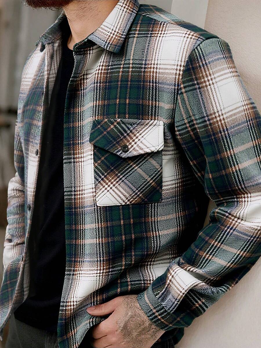 Manfinity Homme 男士格子长袖单排扣休闲口袋衬衫式外套 - 綠色 - 查看 1