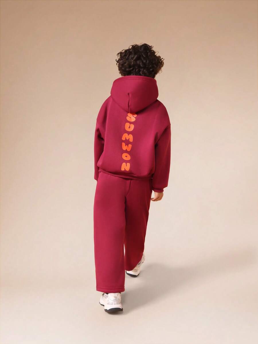 SUMWON Wygodny dwuczęściowy zestaw z kapturem i szerokimi spodniami dresowymi, kapturem i logo na klatce piersiowej, dla dzieci, do codziennego noszenia na co dzień, zimowa odzież sportowa - Burgund - Zobacz 1