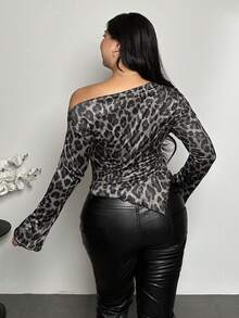 Firerie Plus Size Leopard Print Ruffle Trim Asymmetric Neck Long Sleeve T-Shirts Leopard Print Plus Size Tops Plus Size - Dark Grey - View 2