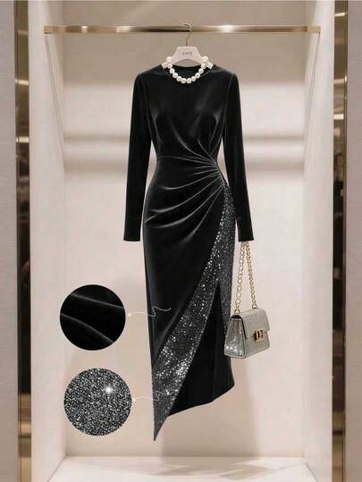 GlowEve Women's Velvet Waist Fitted Elegant Everyday Commute Fashion French Street Retro Versatile Christmas Party New Year Holiday Business Wine Red Long Sleeve Dress, Autumn/Winter