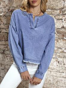 EMERY ROSE Women's V-Neck Drop Shoulder Long Sleeve Frayed Hem Casual Denim Blouse - Blue - View 6