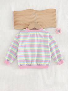 Cozy Pixies 女婴彩色条纹花卉刺绣圆领长袖套头卫衣，舒适、百搭、时尚、可爱、休闲，适合日常穿着