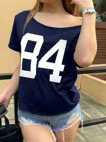 Sparklyn Teen Girl Casual Numeric Print Short Sleeve T-Shirt, Summer Summer Holiday - Blue - View 5